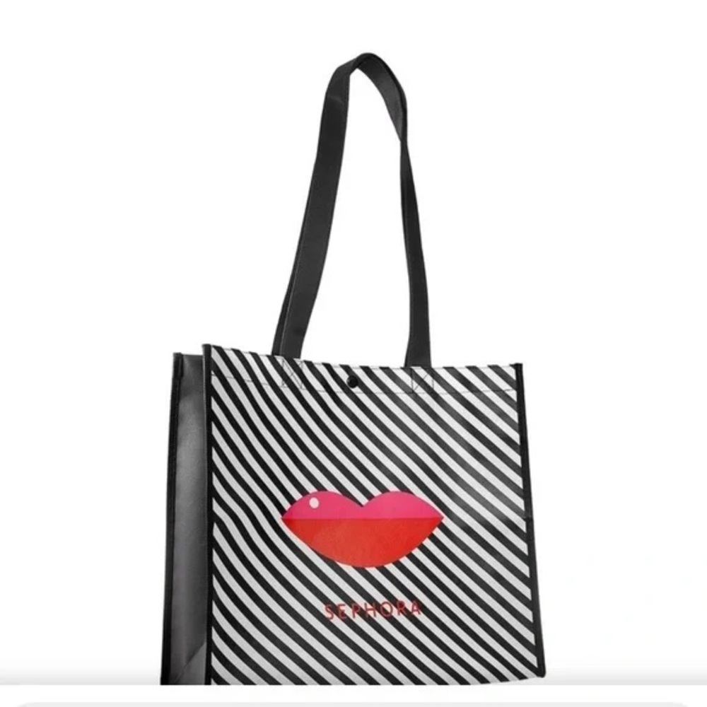Sephora Black and White Striped Tote with Red Lips
